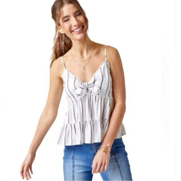 Francesca's Alanna Striped Pom Trim Tank Top Tie Front Cropped Peplum Size Large - Picture 1 of 5